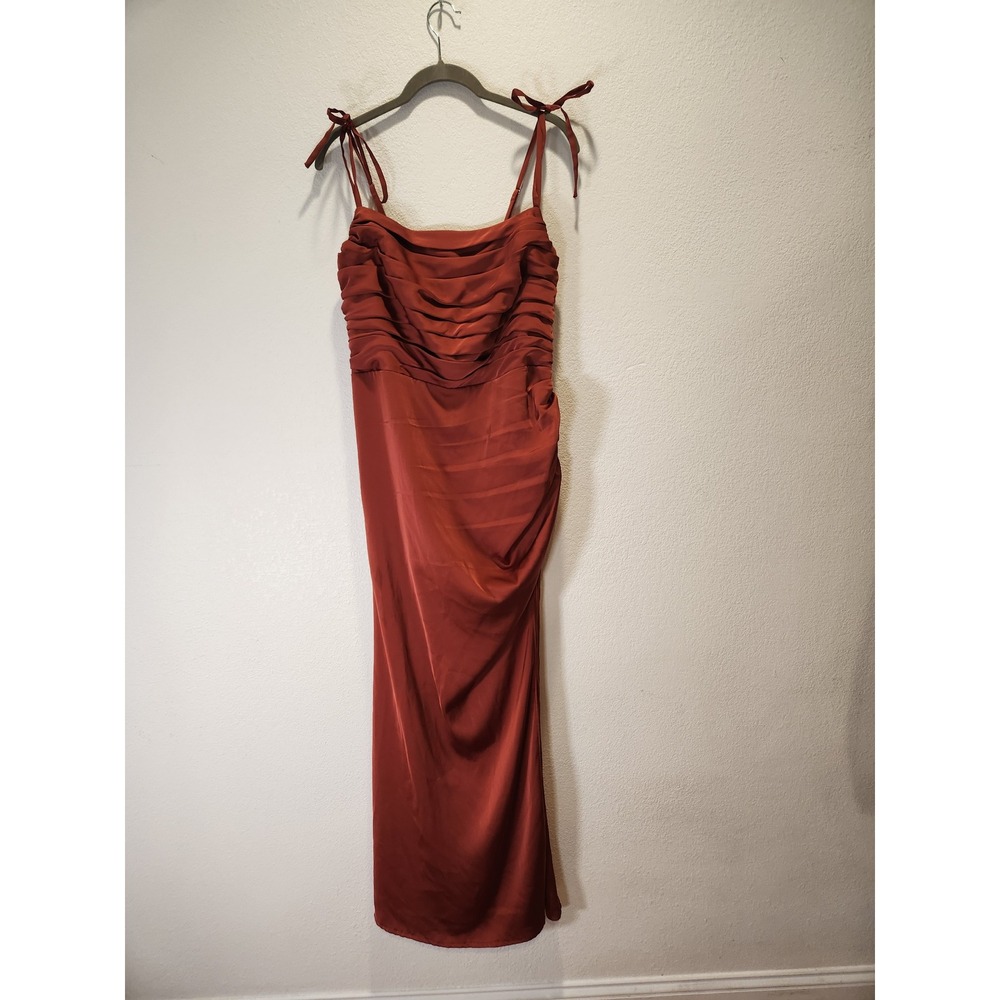 Azazie Terracotta Rust Ruched Lace Up tie Back Maxi Formal Bridesmaid Dress A14